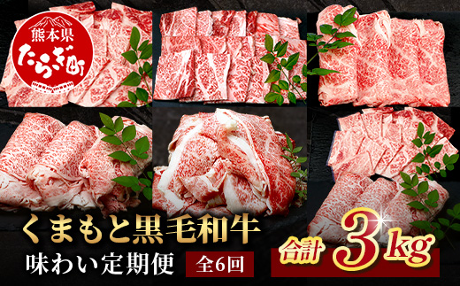 【定期便6回】くまもと黒毛和牛 味わい定期便〜合計 3kg 《 黒毛 和牛 ロース 焼き肉 すき焼き 切り落とし 赤身 スライス 和王 》 肉 すき焼き 焼肉 霜降り 上質 ブランド牛 国産 牛肉 冷凍 熊本県 113-0521