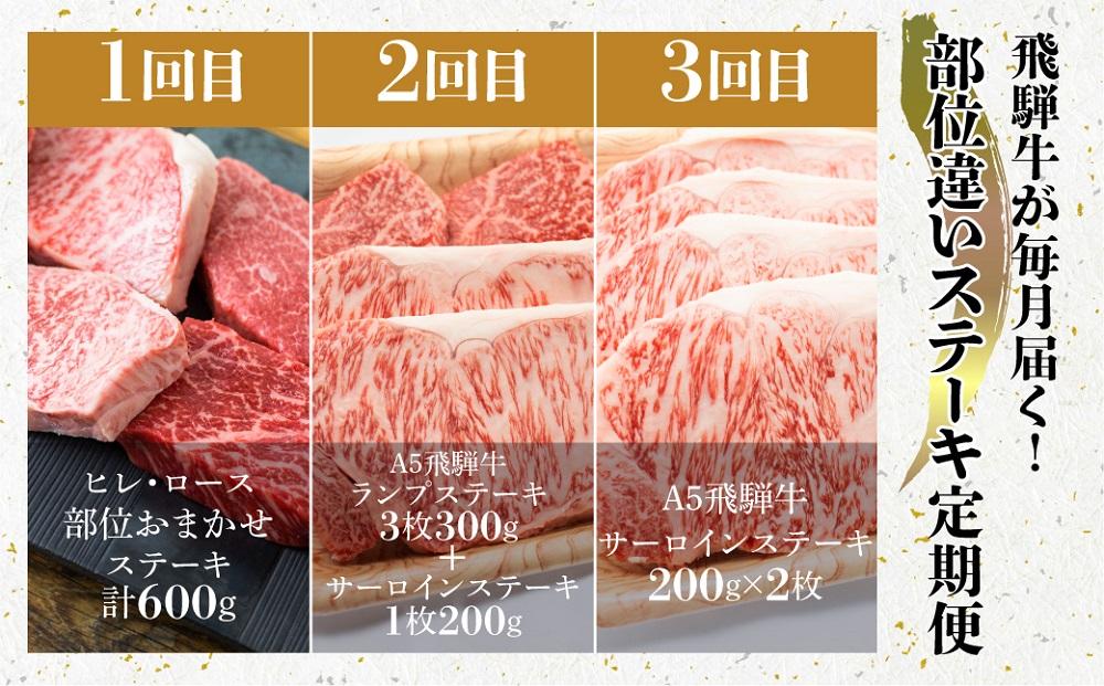 【定期便 3ヶ月】＜全3回＞ A5飛騨牛 ステーキ（ヒレ／ロース／ランプ／サーロイン）| 定期便 肉 牛肉 飛騨牛 和牛 黒毛和牛 ブランド牛 ステーキ ヒレ サーロイン ロース ランプ 飛騨高山 肉