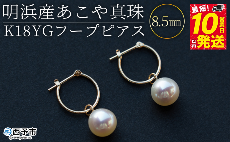 ＜明浜産あこや真珠8.5mm K18YGフープピアス＞ アコヤ真珠 パール ジュエリー アクセサリー プレゼント ギフト 贈答 記念日 品質保証書付き ナチュラルカラー シンプル PRAY akoya