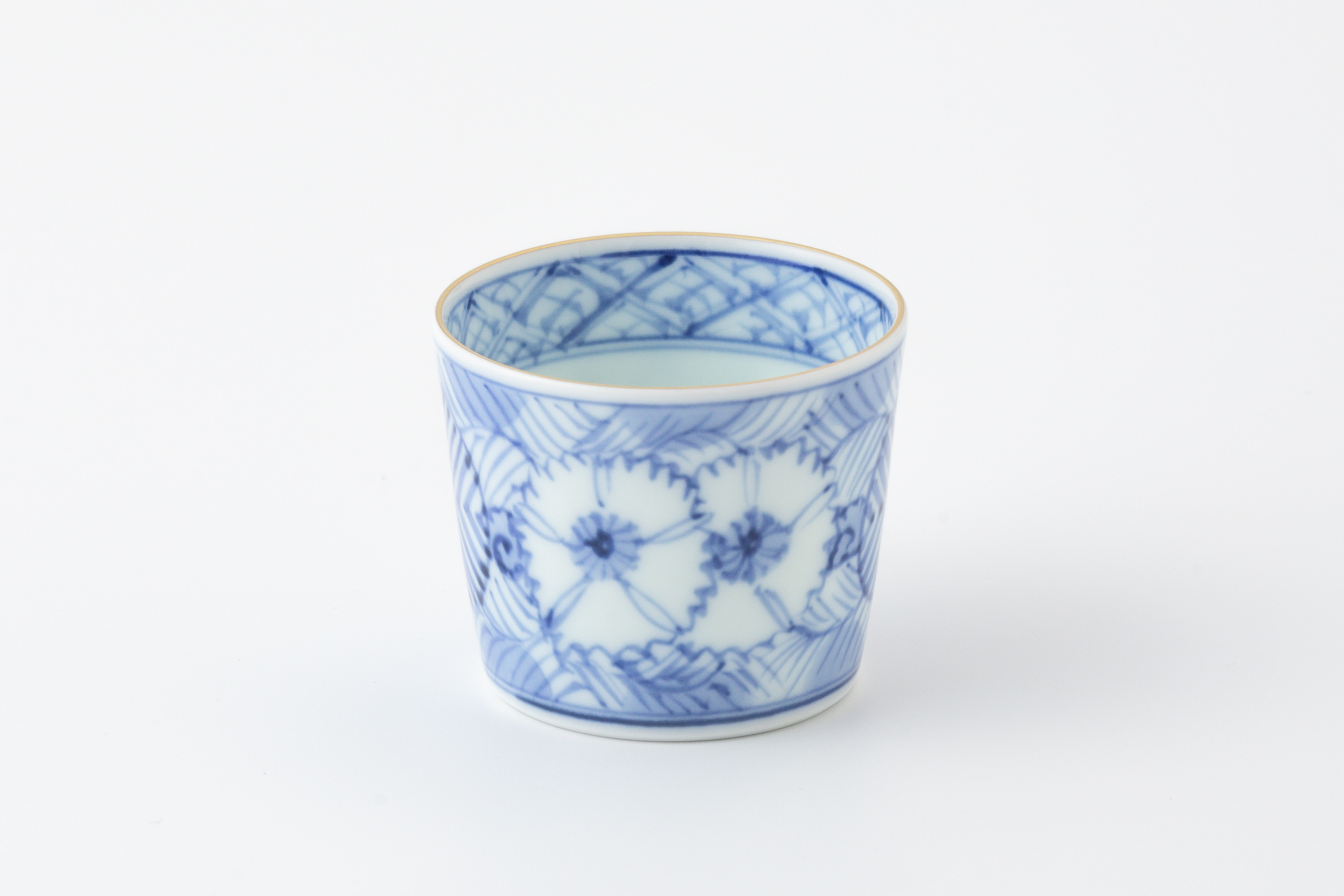 
                  有田焼 染付地紋撫子 薄手ミニそば猪口 ぐい吞みカップ 渓山窯
                