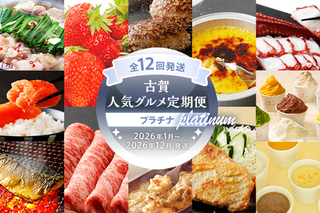 古賀人気グルメ定期便 プラチナ【年12回発送】 (もつ鍋・あまおう・ハンバーグ・クレームブリュレ・蛸・明太子・ジェラート・焼き塩さば・博多和牛・ピザ＆ドリア・国産豚ロース味噌漬け・パスタソース＆麺＆スープ) 定期発送 送料無料