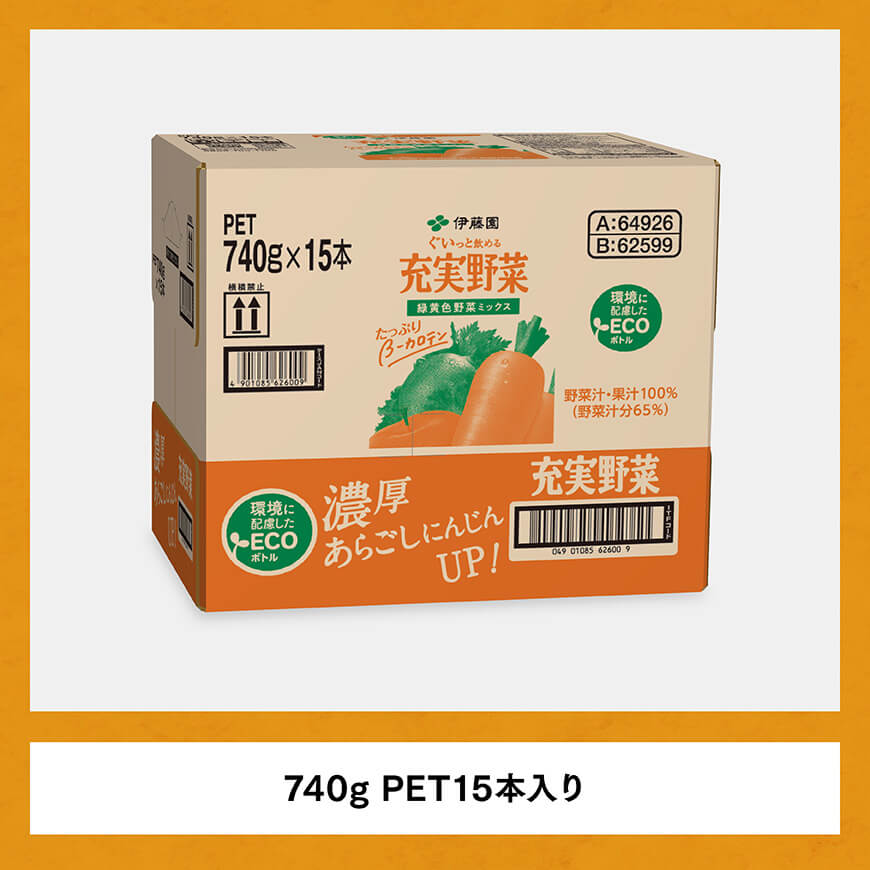 【定期便】充実野菜 緑黄色野菜ミックスペットボトル　740g×15本　12ヶ月定期便【伊藤園 野菜ジュース 全１２回 健康 ヘルシー】