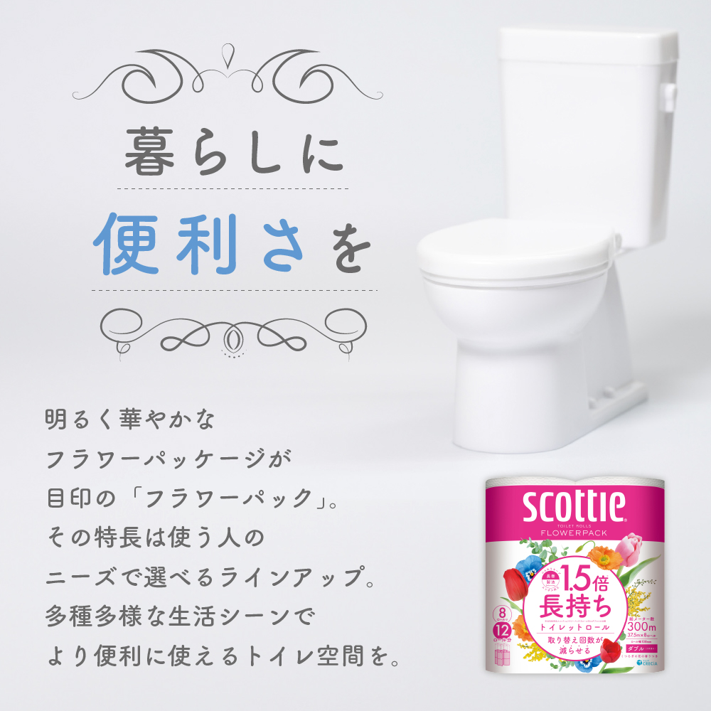 トイレットペーパー ダブル 1.5 倍巻き 8ロール入×8パック スコッティ フラワーパック 香り付き トイレット ペーパー トイペ セット 節約 日用品 日用雑貨 消耗品 備蓄 備蓄品 備蓄用 防災