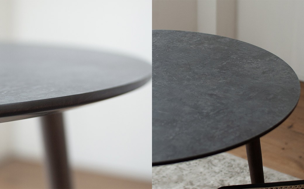 モルタル調メラミン材のラウンドダイニング （80cm） 木部ウォルナット色