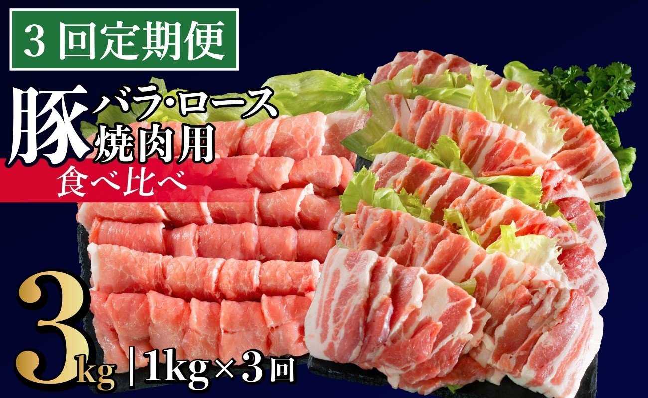 
            B602 《定期便》長崎県産豚 バラ･ロース 焼肉用 2種食べ比べ 計1kg(バラ500g×1･ロース500g×1)【3回お届け】
          