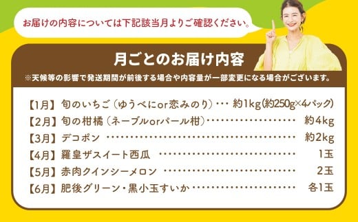 【6ヶ月連続定期便】 スザンヌが選ぶ熊本ギフト 果物定期便6ヶ月 （苺 ・旬の柑橘 ネーブルもしくはパール柑 ・ デコポン ・ スイカ ・ メロン ・ シャインマスカット ・ みかん ・ 梨 ・ 柿 