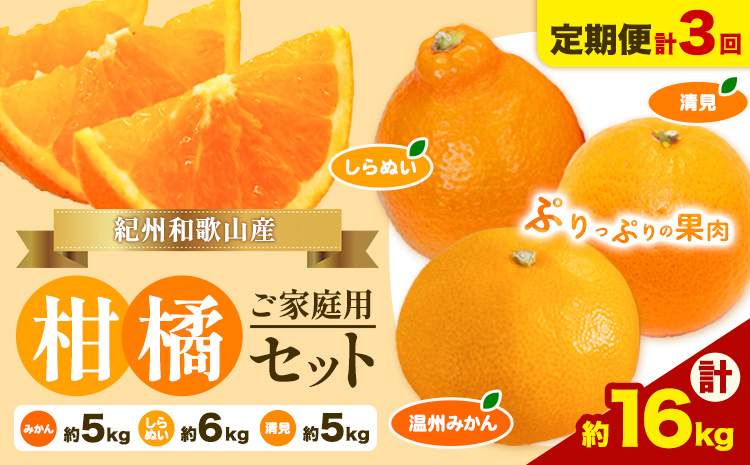【発送月固定定期便】紀州 和歌山産 旬の ご家庭用 柑橘 セット (みかん 不知火 清見)【全３回】約16kg 株式会社魚鶴《2026年1月上旬-4月上旬頃出荷予定(土日祝除く)》 和歌山県 日高町 みかん 不知火 清見 オレンジ 柑橘 蜜柑 果物 フルーツ 訳あり ギフト 送料無料 定期便