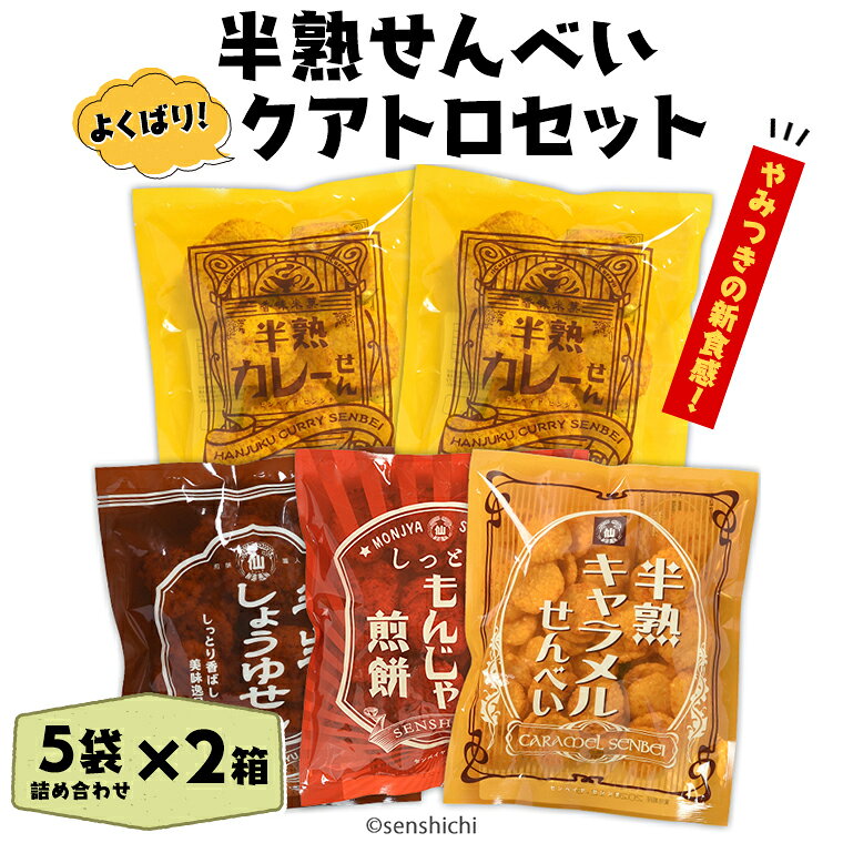【9/30受付終了】【ふるさと納税】半熟せんべい 5袋 詰合せ 2箱 10袋 クアトロセット 半熟カレーせん 半生しょうゆせん 半熟もんじゃ煎餅 半熟キャラメルせんべい カレー味 かつおだし 甘辛ソース 新食感 もんじゃ ぬれせんべい 煎餅 煎餅屋仙七