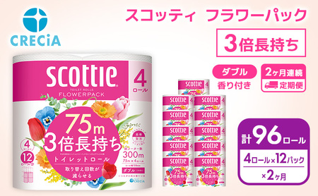 【全2回定期便】トイレットペーパー ダブル 3倍長持ち ホワイト 48ロール 香り付き トイレット 日用品