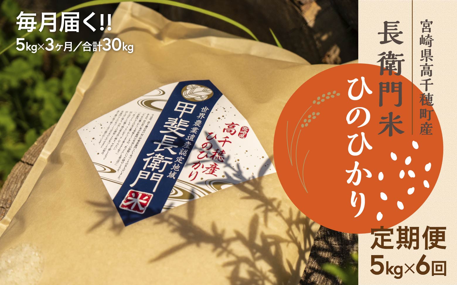 T-20【6ヶ月定期便】13代目甲斐長衛門が選び抜いた高千穂産ひのひかり　長衛門米5kg×6回
