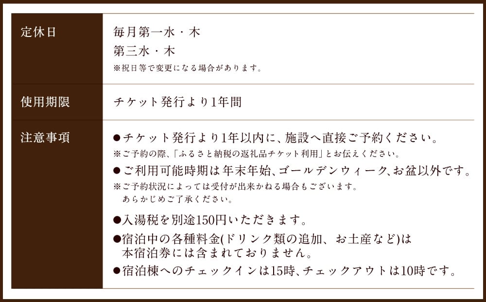 【クアパーク長湯】コテージ宿泊 チケット 3泊4日（1泊につき2食付き）2名様分