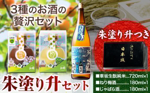 日本酒 朱塗り升セット 車坂生?純米 ねり梅酒 じゃばら酒 酒のねごろっく《90日以内に出荷予定(土日祝除く)》和歌山県 岩出市 酒 さけ 梅酒 じゃばら酒 果実酒 柑橘 180ml 720ml セット 詰め合わせ　升セット 　朱塗り　晩酌　贅沢　飲み比べ　?み比べ　おつまみ　ふるさと納税　岩出　和歌山の酒　地酒　酒蔵　ねりうめ　じゃばら　ウメシュ　車坂　リキュール　生?純米　純米　米　アルコール