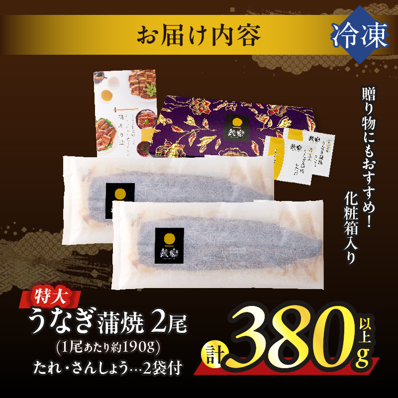 うなぎ蒲焼特大2尾(さんしょう・たれ付き)計380g以上_T026-0061【鰻 魚 魚介 加工品 国産 人気 ギフト 食品 おかず 惣菜 高級 お土産 贈り物 送料無料 プレゼント】