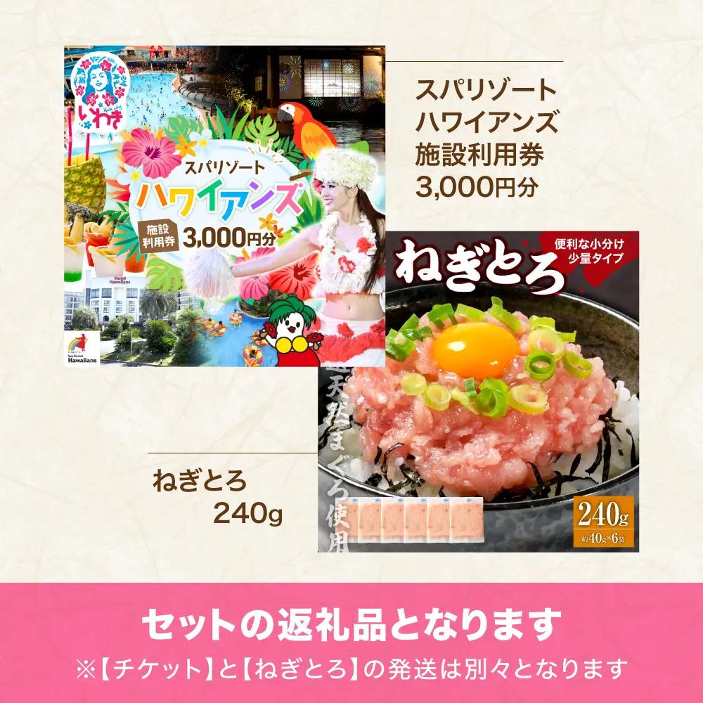 スパリゾートハワイアンズ　施設利用券3,000円分＋訳アリ 福島製造 ねぎとろ使い切りパック 約240g（約40g×6パック） | 利用チケット 入場券 ホテルハワイアンズ モノリスタワー ウイルポー