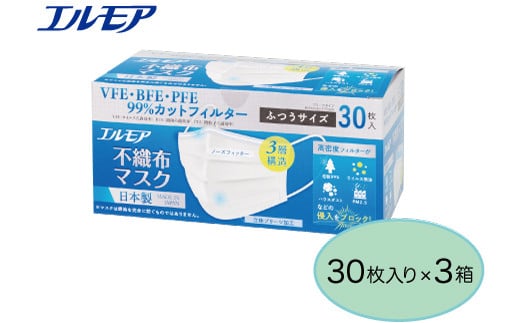 
エルモア不織布マスク普通サイズ30枚×3箱【90枚】
