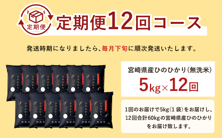 【12か月定期便】無洗米 ＜チャック付＞ 新米 国産 令和8年産 ひのひかり ヒノヒカリ 5kg×12回 宮崎県産 お米 白米 おすすめ 簡単 ご飯 弁当 精米 おにぎり