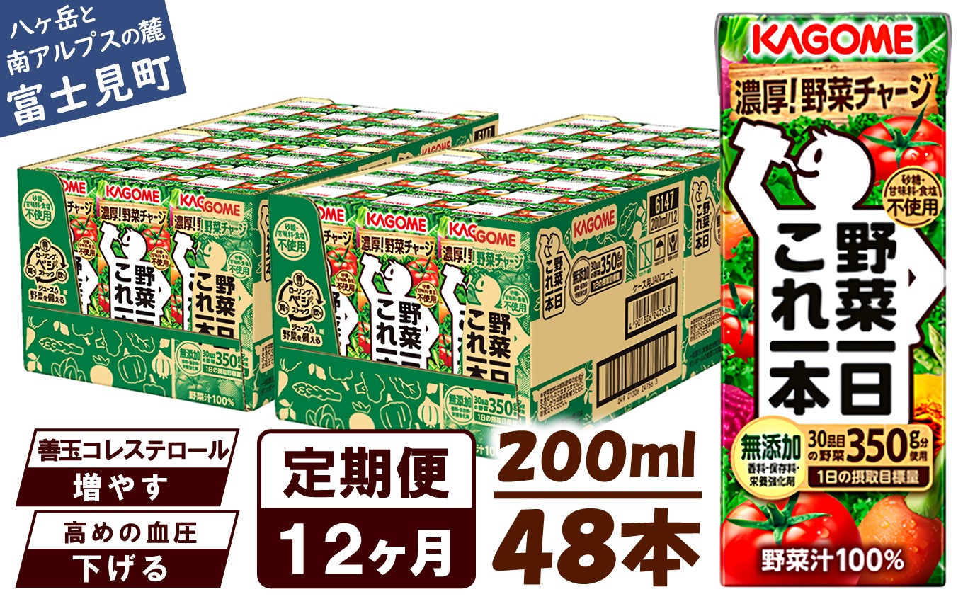 【 定期便 12ヶ月連続お届け】カゴメ 野菜一日これ一本 200ml×48本入 一日分の野菜 1日分の野菜 野菜100％ 紙パック 野菜ジュース 飲料類 ドリンク 野菜ドリンク 備蓄 長期保存 防災 無添加 砂糖不使用 甘味料不使用 食塩不使用 栄養強化剤不使用 飲み物