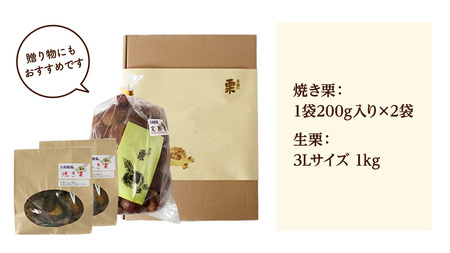 【 吉原農場 の 完熟栗 】 熟成 生栗 1kg 3Lサイズ ・ 焼き栗 2袋 セット 完熟 栗 くり クリ 栗ごはん 贈答 ギフト 果物 フルーツ 数量限定 旬 秋 冬 正月 おせち [CX008c