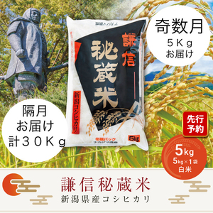 令和7年産 定期便奇数月発送（5kg×6回分）5kg 米 新潟県産 コシヒカリ  精白米 謙信秘蔵米  お米  こめ コメ おこめ