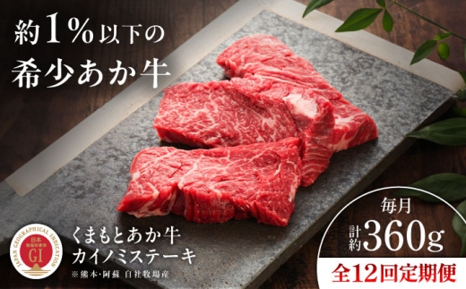 【全12回定期便】【GI認証】くまもとあか牛カイノミステーキ 約120g×3枚 /  菊陽町 ステーキ すてーき  あかうし 熊本県 肉 にく お取り寄せ BBQ バーベキュー  ギフト 贈答 おすすめ  贈り物 定期便 焼肉 やきにく ブランド 旨み くまもとあか牛 和牛  最高 上質 牛 牛肉 冷凍 贅沢 ご褒美 九州 国産 GI【有限会社 三協畜産】[BHAS062]