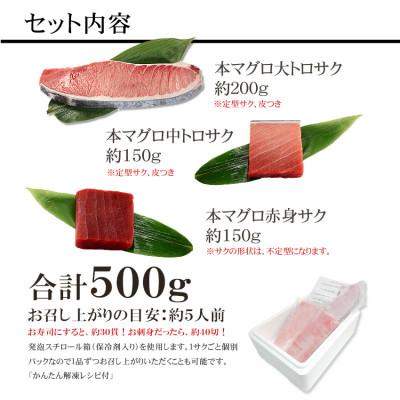 ふるさと納税 いわき市 本マグロ大トロ中トロ赤身セット　約500g　解凍レシピ付き　1サクずつ真空包装 |  | 01