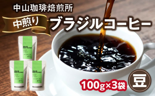 自家焙煎コーヒー 中煎り ブラジル【豆】100g×3袋（合計300g）中山珈琲焙煎所 コーヒー豆 コーヒー 自家焙煎 珈琲 ブラジル コーヒー ロースト 中煎り 京都府 木津川市【056-12-01】