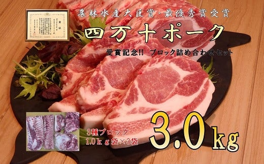 
【農林水産大臣賞・受賞記念】◆四万十町産◆ブランド豚の3種ブロック詰め合わせ3.0ｋｇセット Adf-68　豚肉 ロース バラ モモ ウデ 肩ロース
