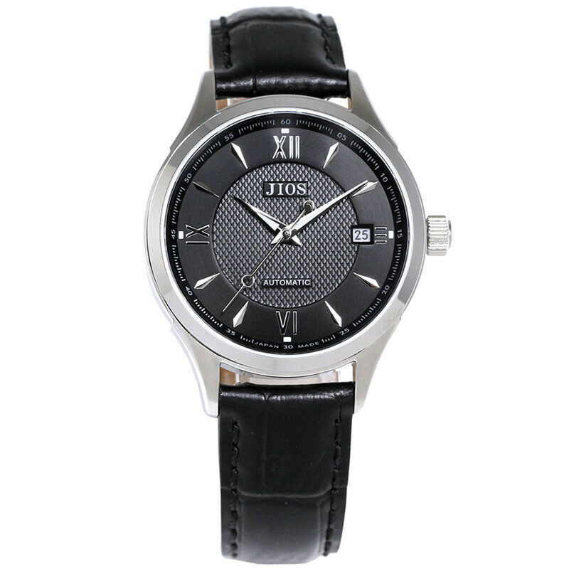 【ふるさと納税】JIOS SEIRAN 日本製 自動巻き腕時計 メンズ 男性用 革ベルト ブランド ドレスウォッチ ジオス 黒文字盤 ×＜シルバー針または青針より選択可＞クロコ型押しベルト（黒）