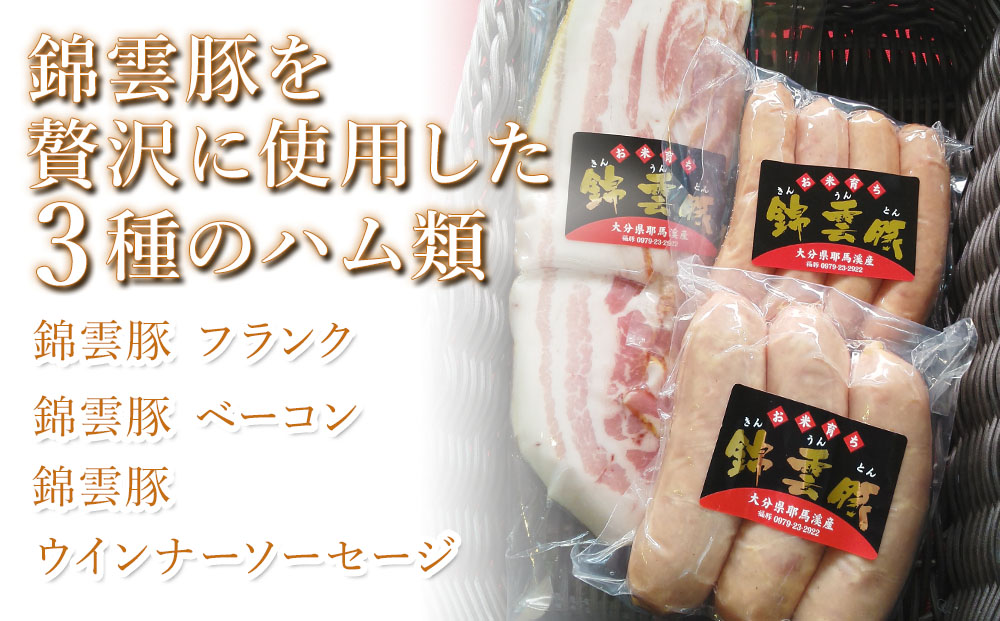お米育ちの錦雲豚 しゃぶしゃぶ用 1kgと3種のハム類セット | お肉 肉 豚肉 豚 錦雲豚 ブランド豚 しゃぶしゃぶ 小分け 九州産 大分県産 大分県 中津市 国産 冷凍 送料無料