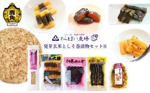発芽玄米としそ巻漬物セットB【あらとまい農場】 しそ巻大根 しそ巻あんず しそきゅうり漬 しその実漬 しその実大根 漬物 米 あきたこまち 発芽玄米 秋田県 秋田 あきた 鹿角市 鹿角 かづの 詰め合わせ 食べ比べ セット
