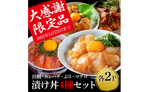 
【期間限定　特別奉仕品】真鯛・ブリ・カンパチ・マグロの漬け丼セット4種×2P《迷子の真鯛を食べて応援 養殖生産業者応援プロジェクト》
