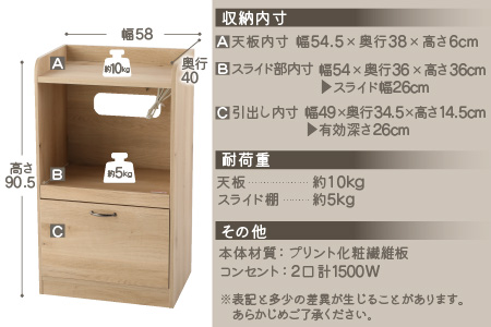 【３色から選べる】【 完成品 】キッチン収納 ミニ レンジ台 高さ90cm 幅58cm ロータイプ 2口コンセント付き ホワイト