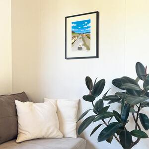 湘南・茅ヶ崎で描く、海を感じるイラストアート 『 湘南ランドスケープ12：茅ヶ崎から江ノ島へ、湘南サイクリングロード 』 ジークレーアートフレーム （大/木地仕上げ） /絵画 風景 版画