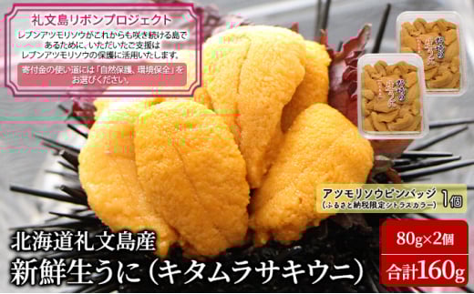 【礼文島リボンプロジェクト】北海道 礼文島産 新鮮 生うに（キタムラサキウニ）80g×2個  ムラサキウニ 生うに 生ウニ ギフト 雲丹 うに丼