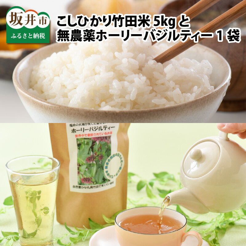 【ふるさと納税】【先行予約】【令和7年産・新米】福井県産 清流こしひかり 竹田米 5kg と 竹田産無農薬ホーリーバジルティー 【精米方法をお選びいただけます：白米 / 玄米】 【2025年9月下旬以降順次発送予定】