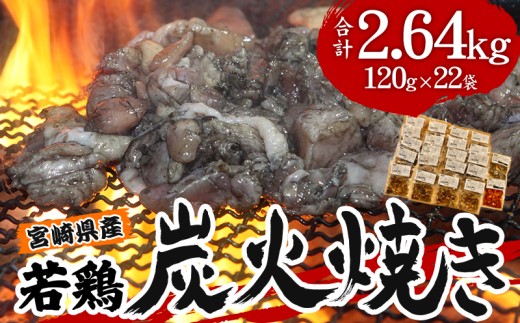 宮崎県産 若鶏 炭火焼 計2.64kg 大満足22パック 宮崎の名店「小料理ひゅう」 鶏肉 肉 鶏 鶏もも モモ肉 むね肉 ムネ ムネ肉 鶏むね 鶏むね肉 鶏もも肉 炭火焼き 炭火焼 国産 国産鶏 パック 小分け おつまみ つまみ おかず お弁当  20袋 塩味 みそ味 辛みそ 味付き 味付き肉 簡単調理 柚子胡椒 レンジ 湯煎 BBQ 人気 おすすめ 宮崎県 宮崎市 _M210-003_01