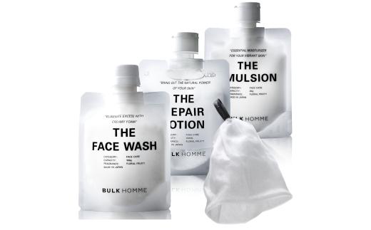 035-005　【BULK HOMME　バルクオム】FACE CARE 3STEP セット（THE FACE WASH、THEREPAIR LOTION、THE EMULSION、THE BUBBLE NET）フェイスケア 洗顔料 薬⽤化粧⽔ 乳液 BULK HOMME