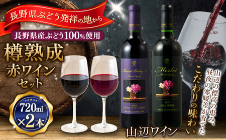 【樽熟成赤ワインセット】山辺ワインセット720ml×2本(マスカットベーリーA樽熟成×メルロ樽熟成)