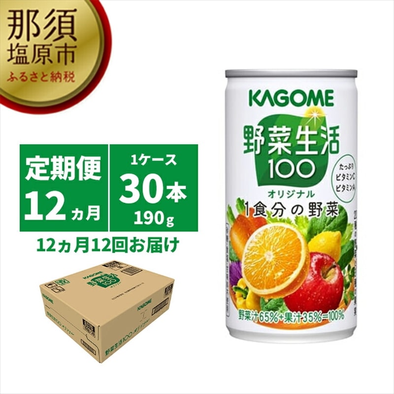 【定期便12ヵ月】カゴメ　野菜生活100　オリジナル　190g缶×30本 1ケース 毎月届く 12ヵ月 12回コース【 栃木県 那須塩原市 】 ns001-016