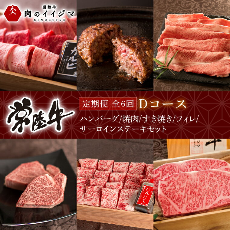 【ふるさと納税】【レビューキャンペーン】【定期便 全6回】常陸牛 6ヶ月 定期便 Dコース ハンバーグ 焼肉 すき焼き フィレ サーロイン ステーキ ヒレ肉 ステーキ肉 ギフト セット プレゼント 黒毛和牛 ふるさと納税 定期便 肉 ギフト対応【肉のイイジマ】（DU-110）
