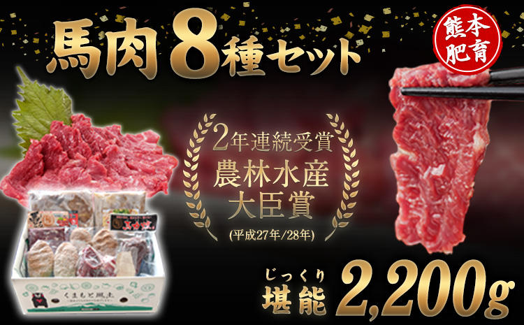 純国産馬肉8種セット 計2200g 《60日以内に出荷予定(土日祝除く)》 熊本肥育 2年連続農林水産大臣賞受賞 送料無料 馬刺し 馬肉 馬スジ ホルモン 燻製 霜降り ハンバーグ 熊本県 苓北町---rh_fba8syu_60d_r7_27000_2200g---