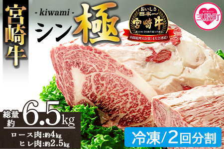 ＜宮崎牛『シン極(きわみ)』ロース肉約4kg、ヒレ肉約2.5kg (冷凍・2回配送)＞ 国産ブランド牛 黒毛和牛【MI635-nk-i-02】【中村食肉】