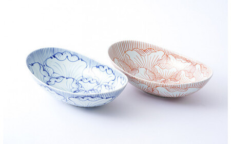 有田焼 花弁紋 25.5cm 楕円鉢（大）青と赤のペアセット 大慶 食器 器 うつわ 陶磁器 皿 ギフト 贈答 35000円 3.5万円 ci006
