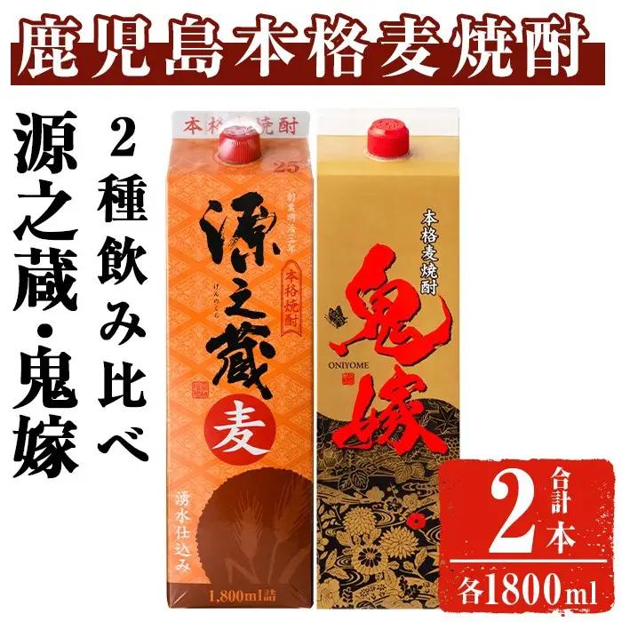 岩川醸造 本格麦焼酎飲み比べ1800mlパック2本セット！(源之蔵、鬼嫁：各1800ml×1本) 麦焼酎 お酒 飲み比べ【大隅家】A1022