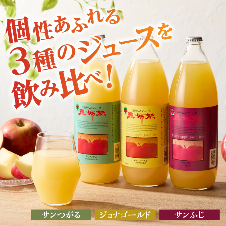 江刺りんごジュース 三姉妹（1000ml瓶×6本）江刺産サンつがる、ジョナゴールド、サンふじ使用 ストレート果汁100％[A0045]