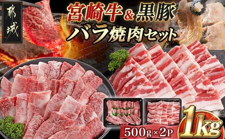 宮崎牛&黒豚バラ焼肉セット(合計1kg)_AC-N405_(都城市) 宮崎県産宮崎牛 都城産黒豚  バラ焼肉用 各500g×1P セット 焼肉用カット 焼肉 BBQ 冷凍