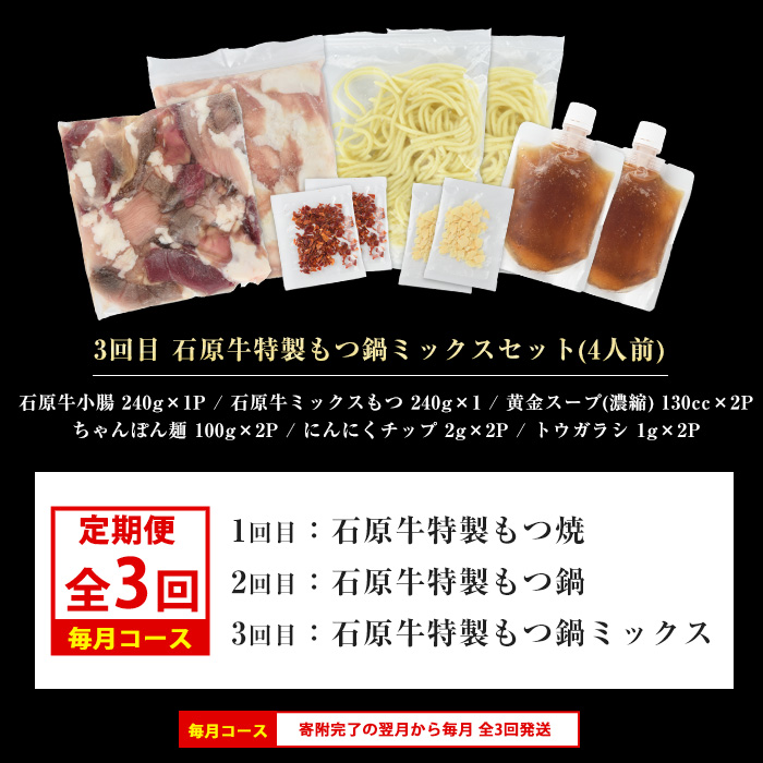 ＜定期便・毎月発送全3回＞ 石原牛の定期便【もつ食べ比べ編】 【石原PRO】_nagashima-1524