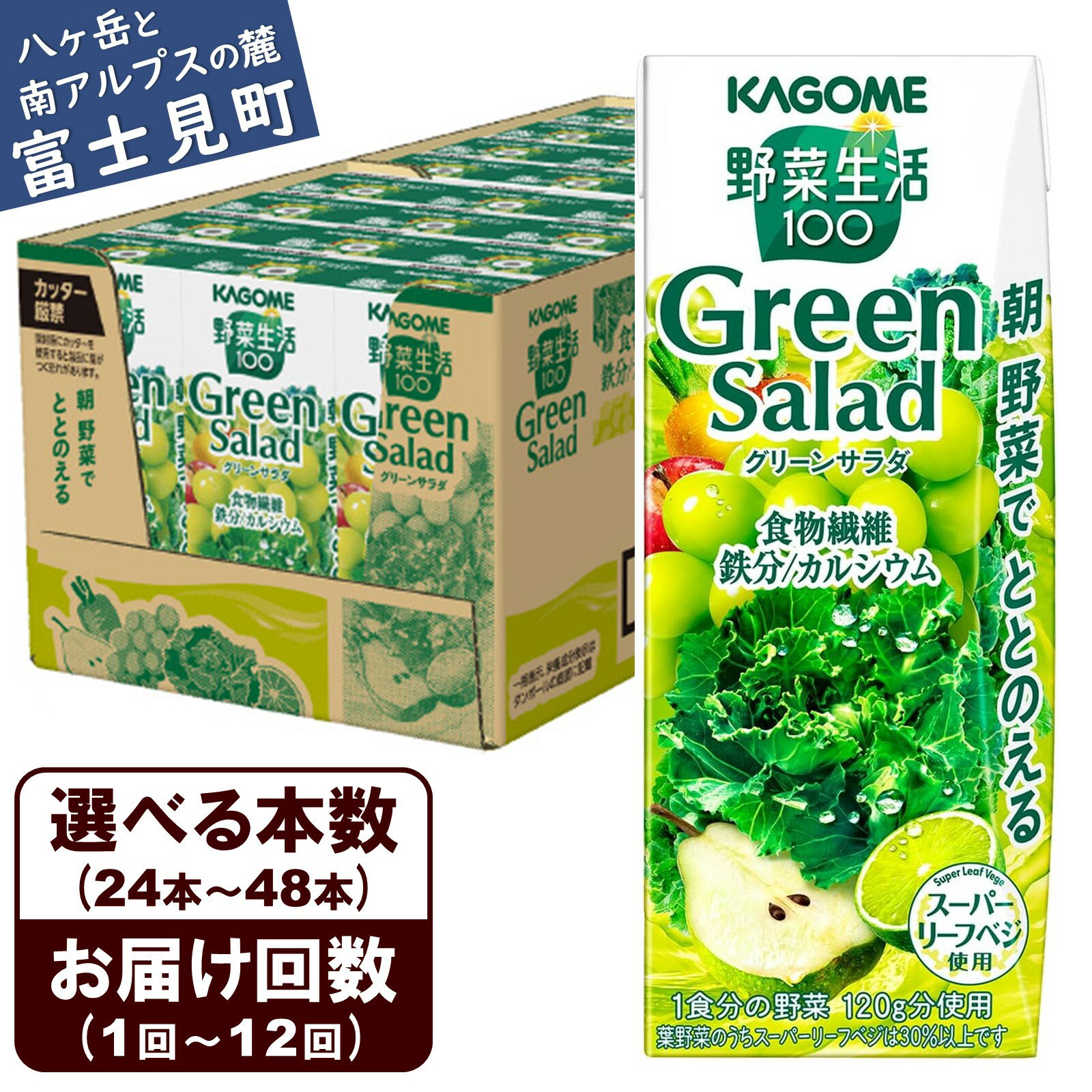 【ふるさと納税】【選べる本数 回数】 カゴメ 野菜生活100 グリーンサラダ 200ml 本数24本～48本 定期便 2ヶ月～12ヶ月 計24～576本 野菜不足 解消 ビタミンミネラル 豊富 食物繊維 美肌 ダイエット サポート 自然派 健康維持 簡単調理