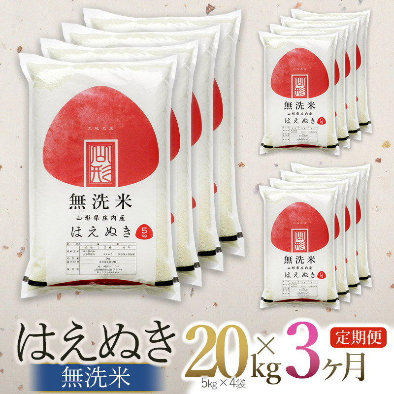 【ふるさと納税】令和7年産【3ヶ月定期便】【新米】はえぬき 無洗米 20kg（5kg×4袋）×3回　計60kg 毎月中旬発送 山形県庄内産
