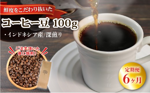【6ヶ月/定期便】 自家焙煎 コーヒー 豆 100g インドネシア 深煎り